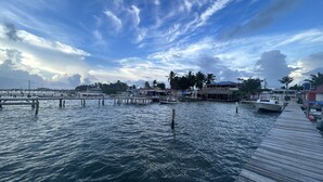 Un muelle frente al agua con barcos, un espigón de madera y edificios con palmeras al fondo.