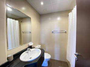 A bathroom with a sink, mirror, toilet, and shower curtain.