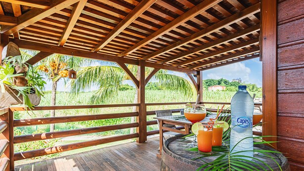 A wooden deck with a table and chairs, surrounded by lush greenery and a clear view of the landscape.