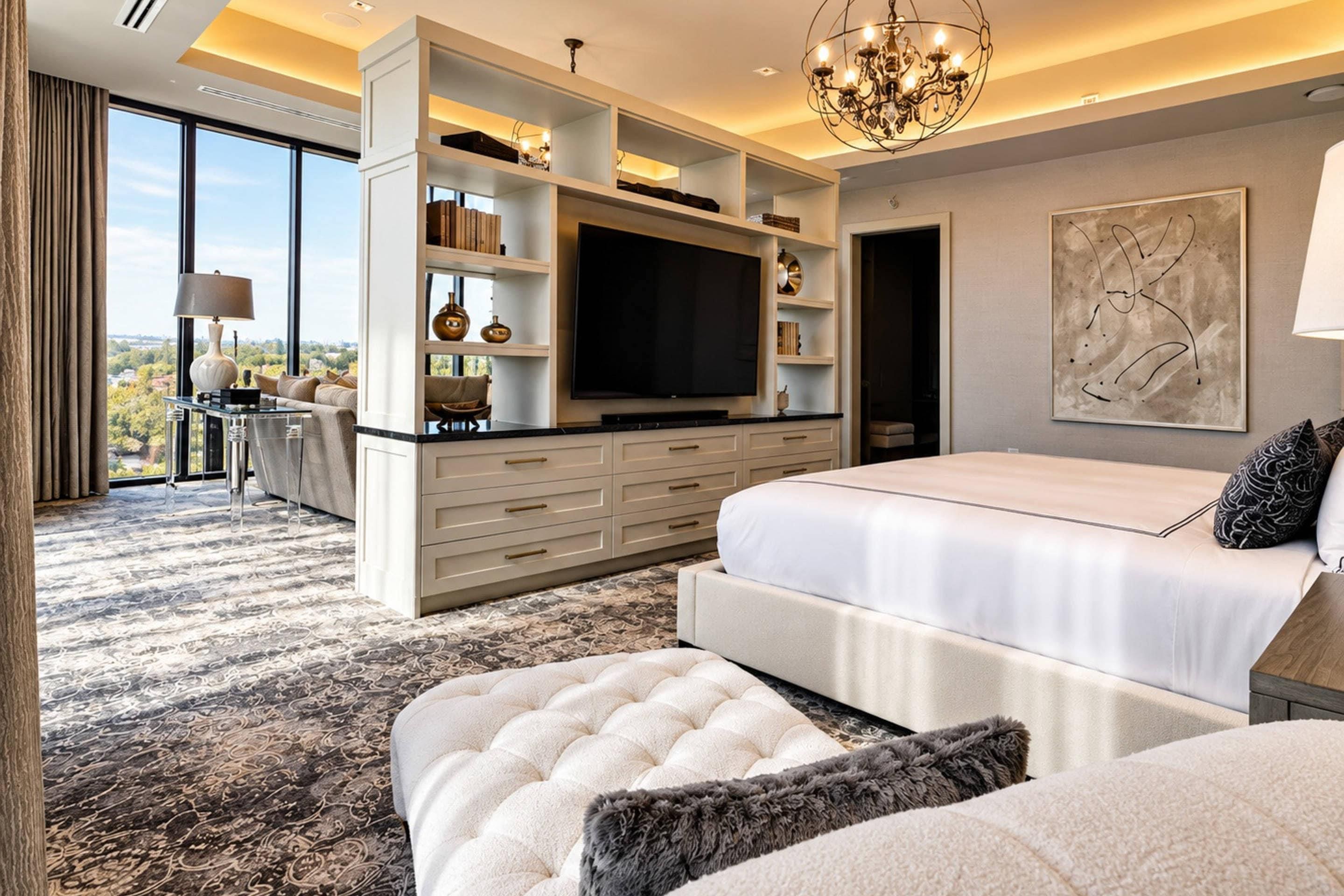 Une chambre moderne dotée d’un grand lit, d’une télévision et d’un coin salon avec vue.