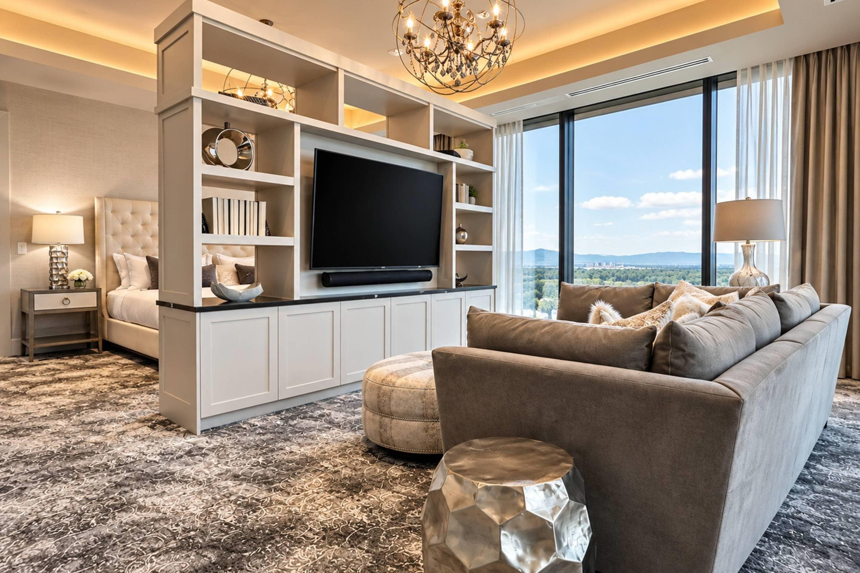 A modern living room with a large flat-screen TV, a sofa, and a coffee table.