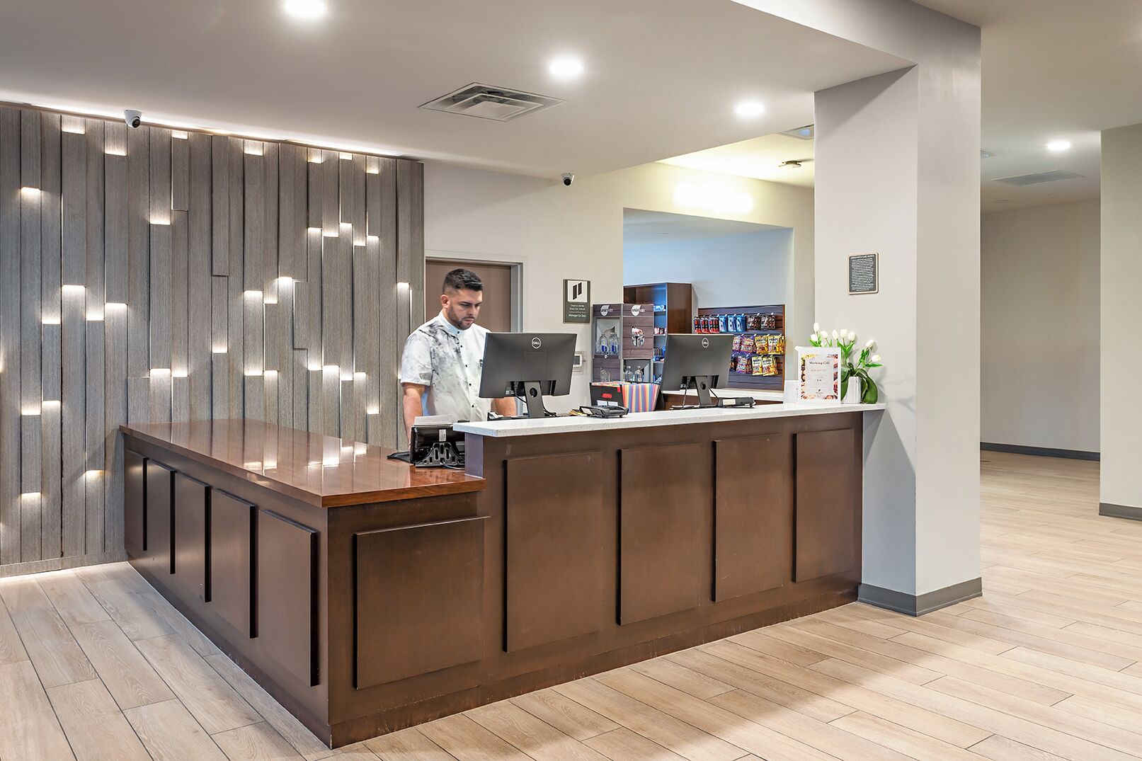 Un comptoir d’accueil au design moderne, un ordinateur et une petite plante.