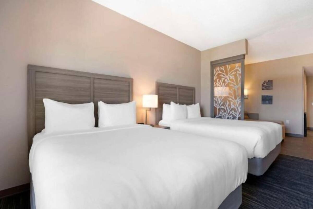 Une chambre d’hôtel avec deux lits, une table de chevet avec une lampe et un panneau décoratif au mur.