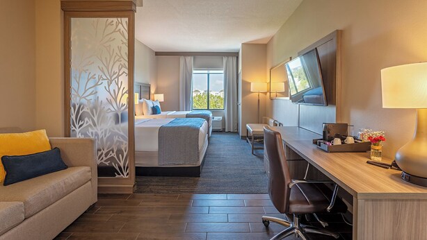 A hotel room with a bed, a desk, a chair, a sofa, and a TV.