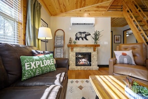 Smart TV, chimenea y libros