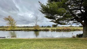 Une zone herbeuse avec un plan d’eau, un quai et des arbres.