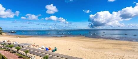 On the beach, sun loungers