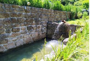 Un mur de pierre agrémenté d’une petite fontaine et de plantes vertes.