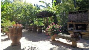 A garden with potted plants and a stone bench. - Appartement de caractère dans un mas provençal (Jonquières)