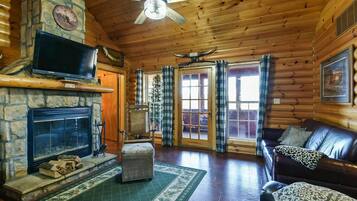 Smart TV, fireplace, DVD player, books