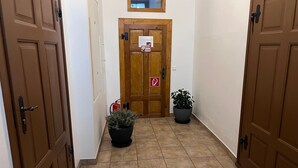 Een gang met bruine deuren, een brandblusser en twee potplanten.
