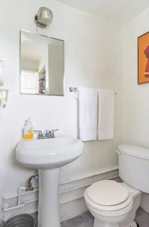 Bathroom features a sink, mirror, and toilet with a towel rack.