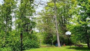 Una cancha de baloncesto con aro, una mesa de picnic y un conjunto de columpios en un parque.