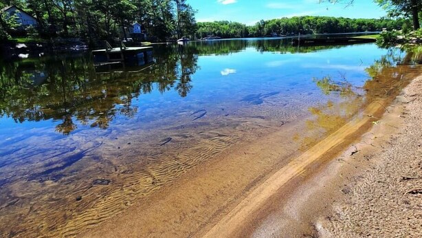 A clear lake with a sandy shore, surrounded by trees and a small house. - The Fisherman - 3-bedroom River-front Retreat (Selwyn)
