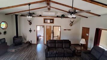 Smart TV, fireplace, books