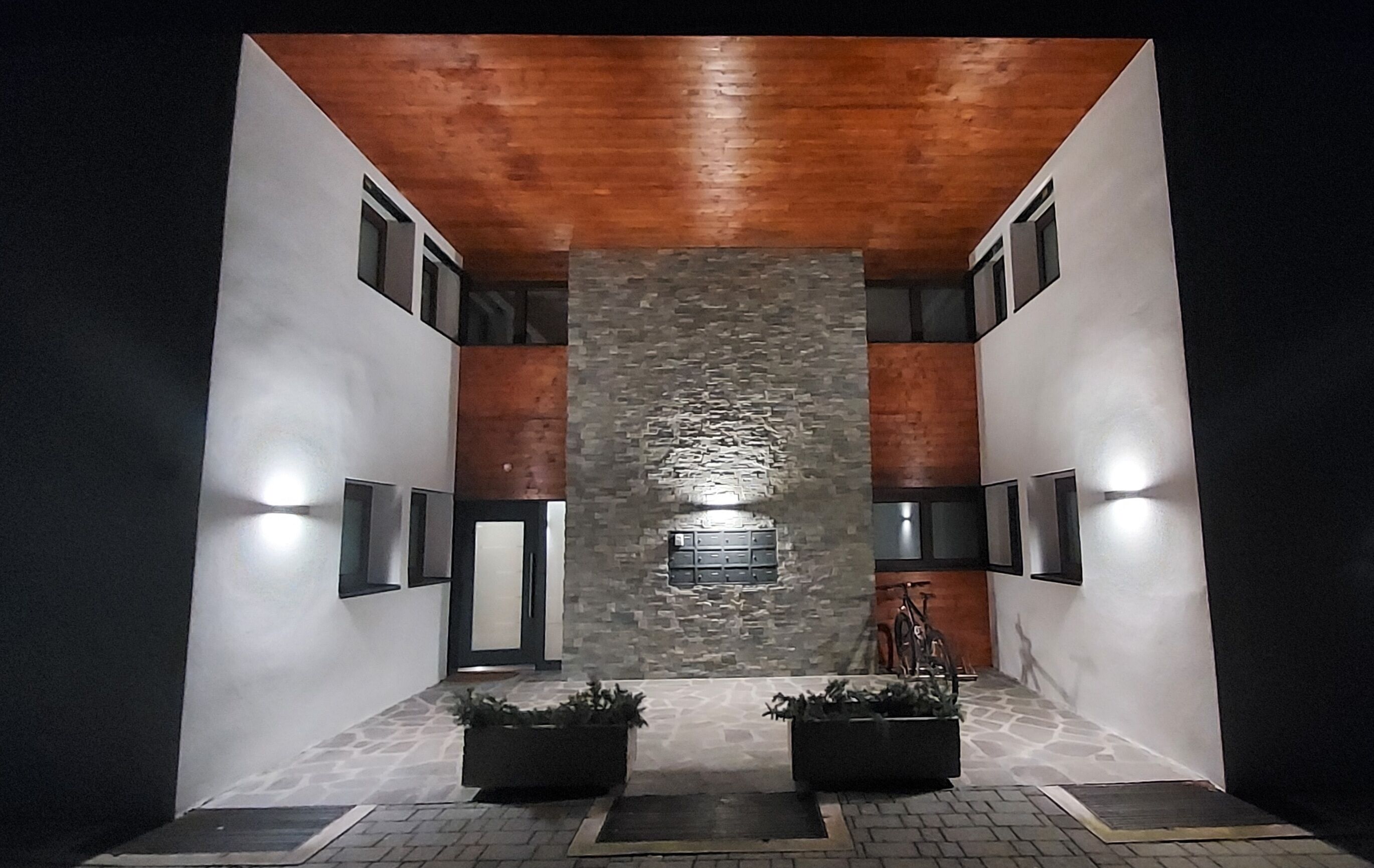 Una entrada moderna con pared de piedra, plantas en macetas y techo de madera.