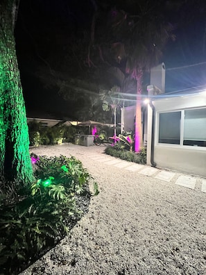Un espacio exterior nocturno con un camino de grava, un árbol con luces verdes y un edificio con una ventana.