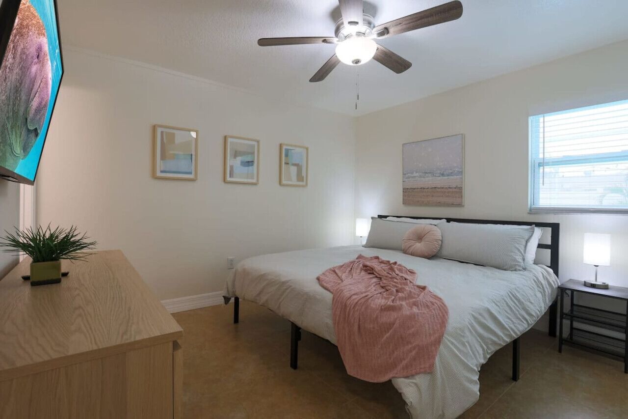 A bedroom with a bed, a ceiling fan, a bedside table, a nightstand, and a window.