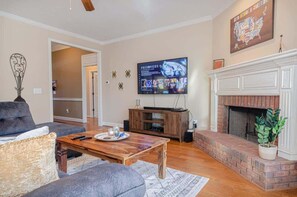 TV, fireplace, video games, stereo