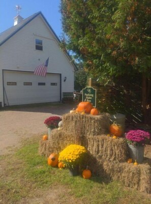 Traditional building with a gabled roof and American flag, situated near a parking area with seasonal decorations.