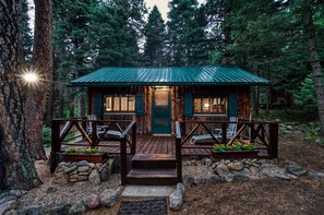 Een chalet met een groen dak, houten terras en stenen muren, omgeven door een bos.