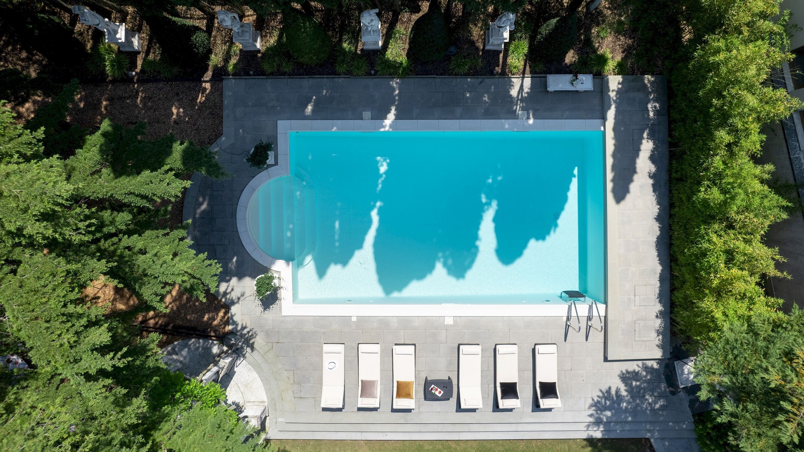 An aerial view of a rectangular swimming pool with a surrounding deck, lounge chairs, and a statue.