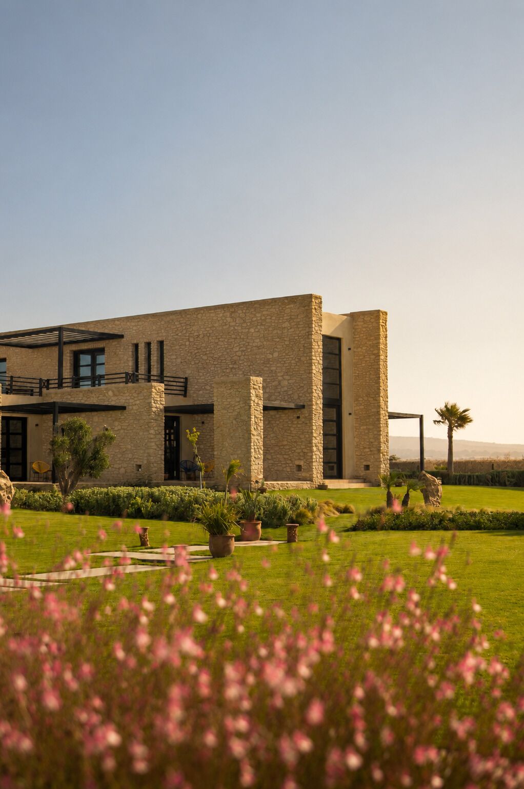 Un edificio moderno con fachada de piedra, un patio cubierto y un césped bien cuidado con flores rosas.