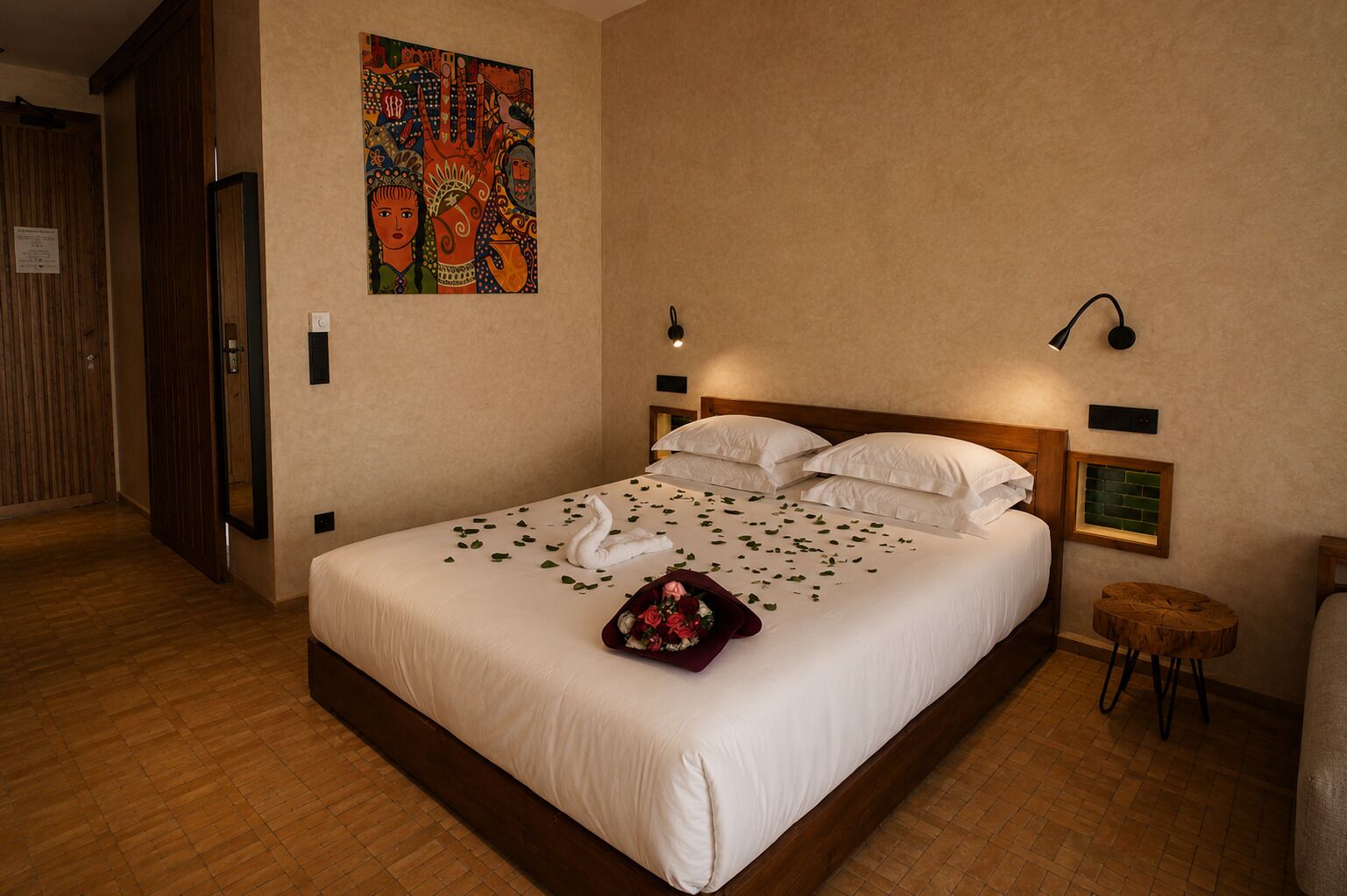 Habitación de hotel con una cama grande, dos lámparas de noche, un cabecero de madera, una mesita redonda y una obra de arte colgada en la pared.
