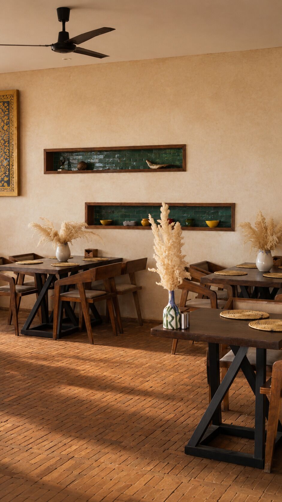 A dining area with wooden tables and chairs, a ceiling fan, and decorative wall shelves.