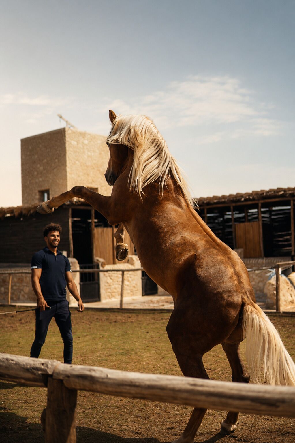 Un caballo en un espacio al aire libre con una persona de pie cerca.