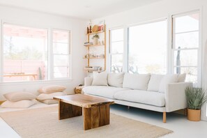 Smart TV, chimenea, libros y biblioteca musical