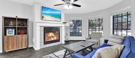 Smart TV, fireplace, table football