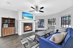 Smart TV, fireplace, table football