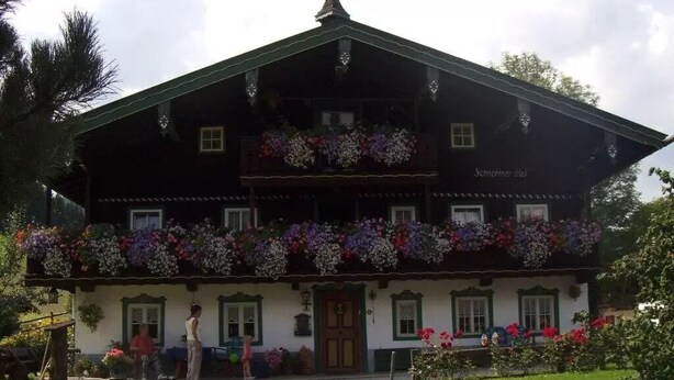 Um edifício tradicional de estilo alpino com varanda decorada com flores, um jardim bem cuidado e um caminho claro que leva à entrada.