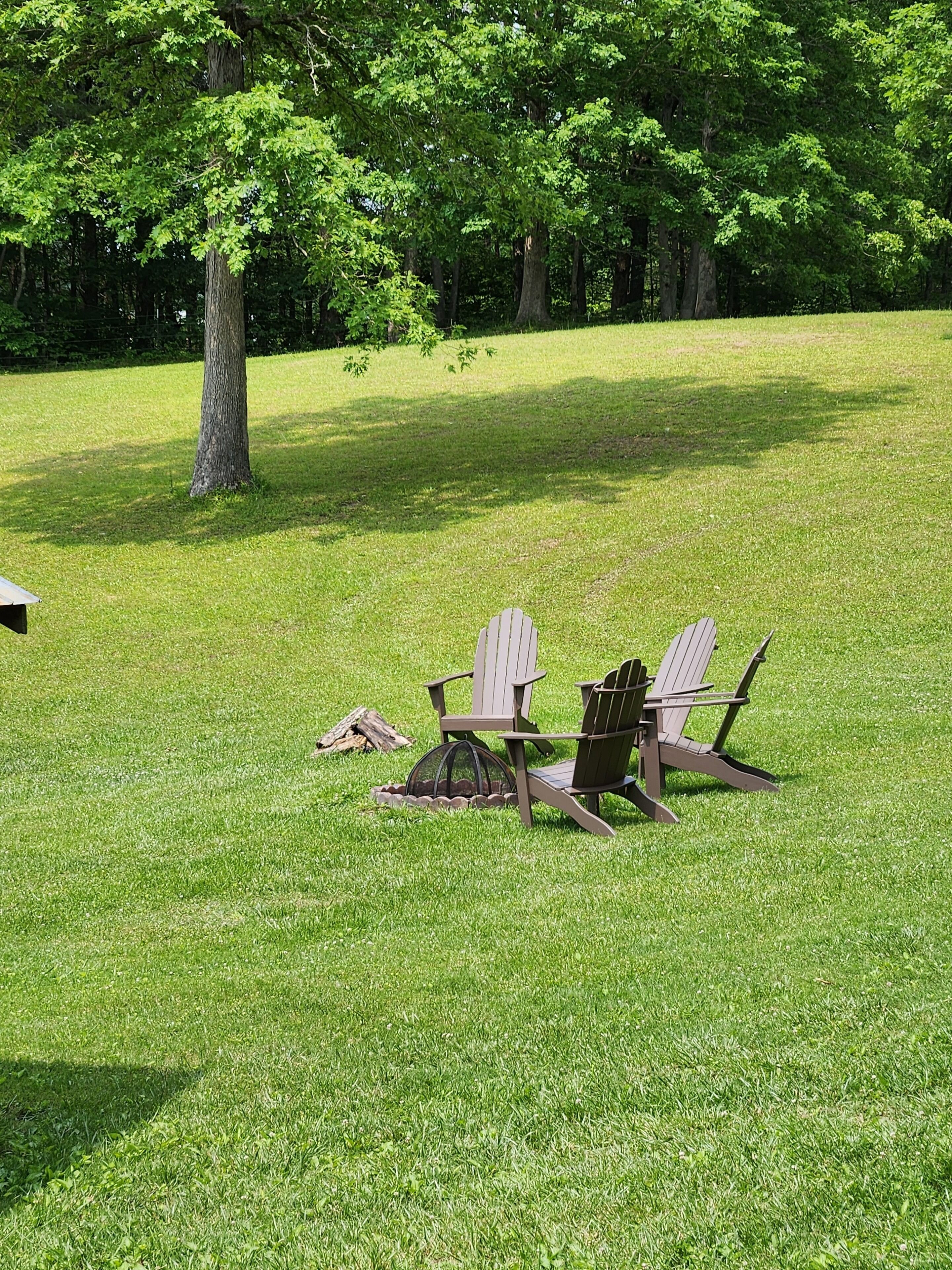 Ein grünes Freigelände mit Adirondack-Stühlen und einer Feuerstelle.
