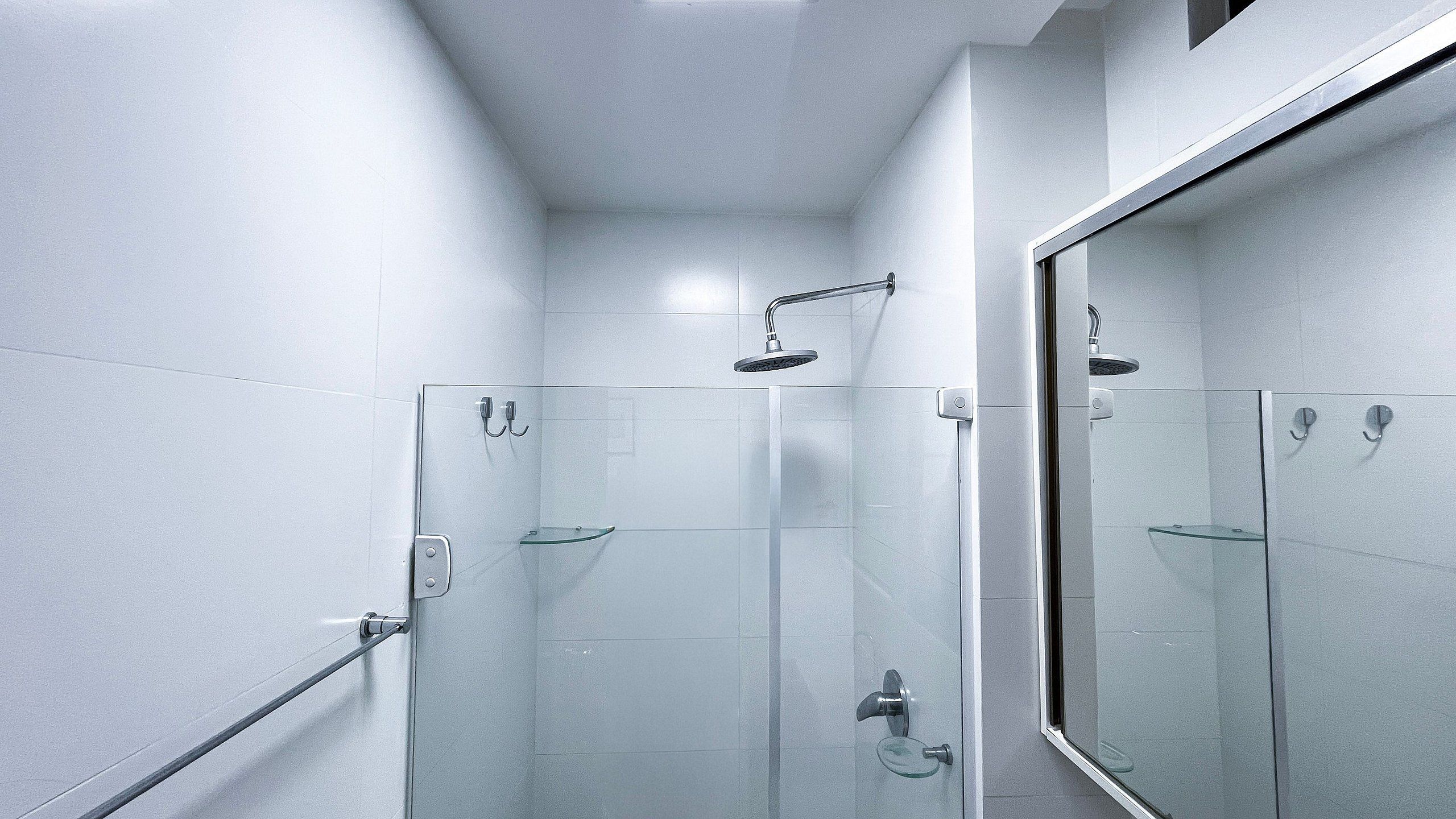 A modern shower with glass doors, a handheld showerhead, and a glass shelf.