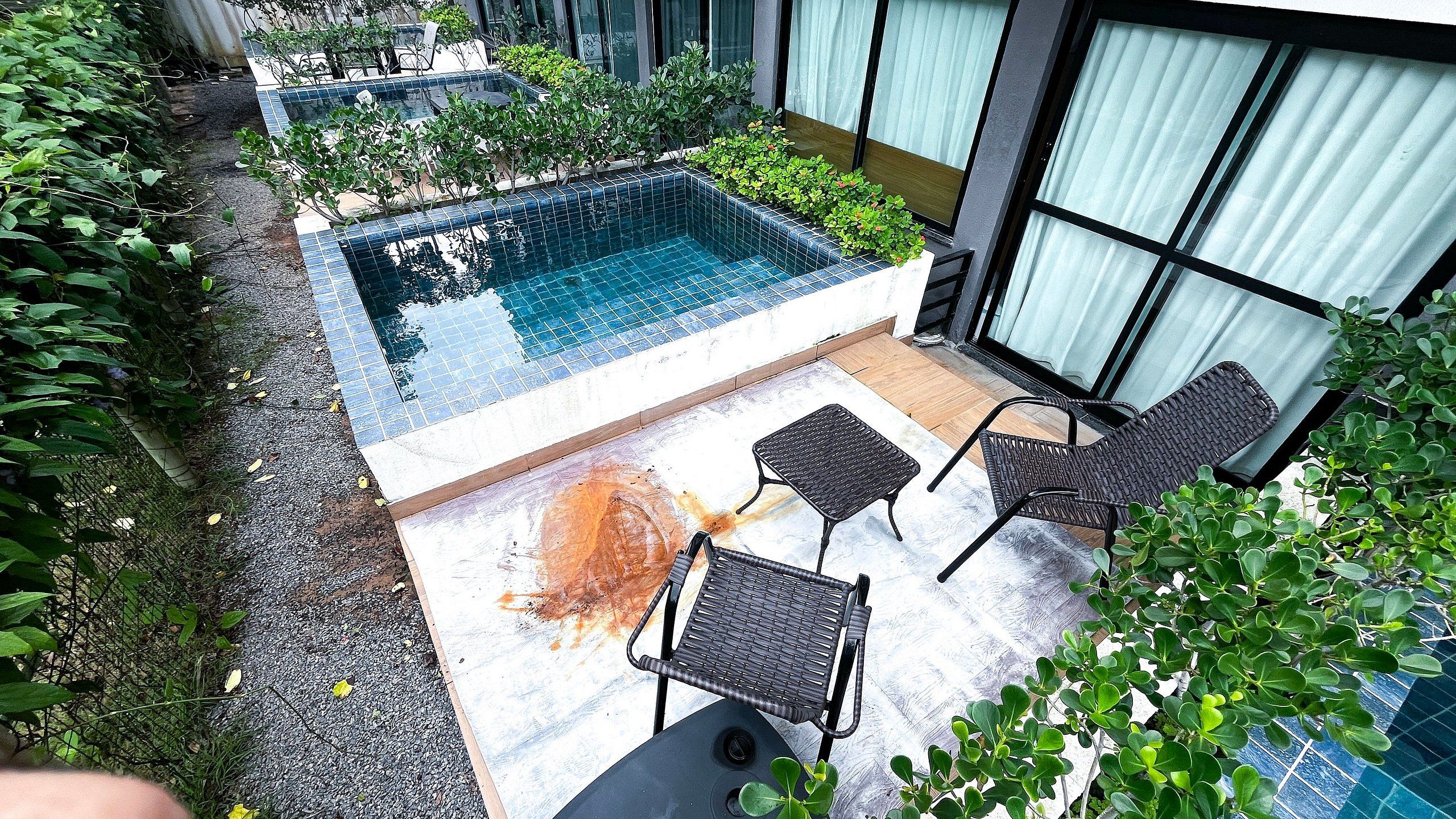 A rooftop pool with a small seating area and surrounding greenery.