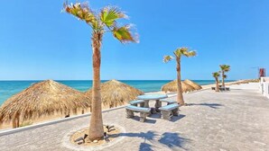 A paved walkway with thatched umbrellas and palm trees, leading to a beach.