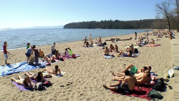 Uma praia com pessoas tomando sol e relaxando em toalhas.