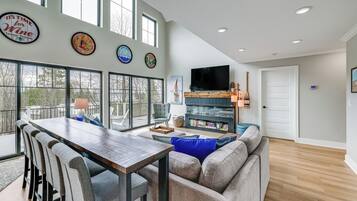 TV, fireplace, books