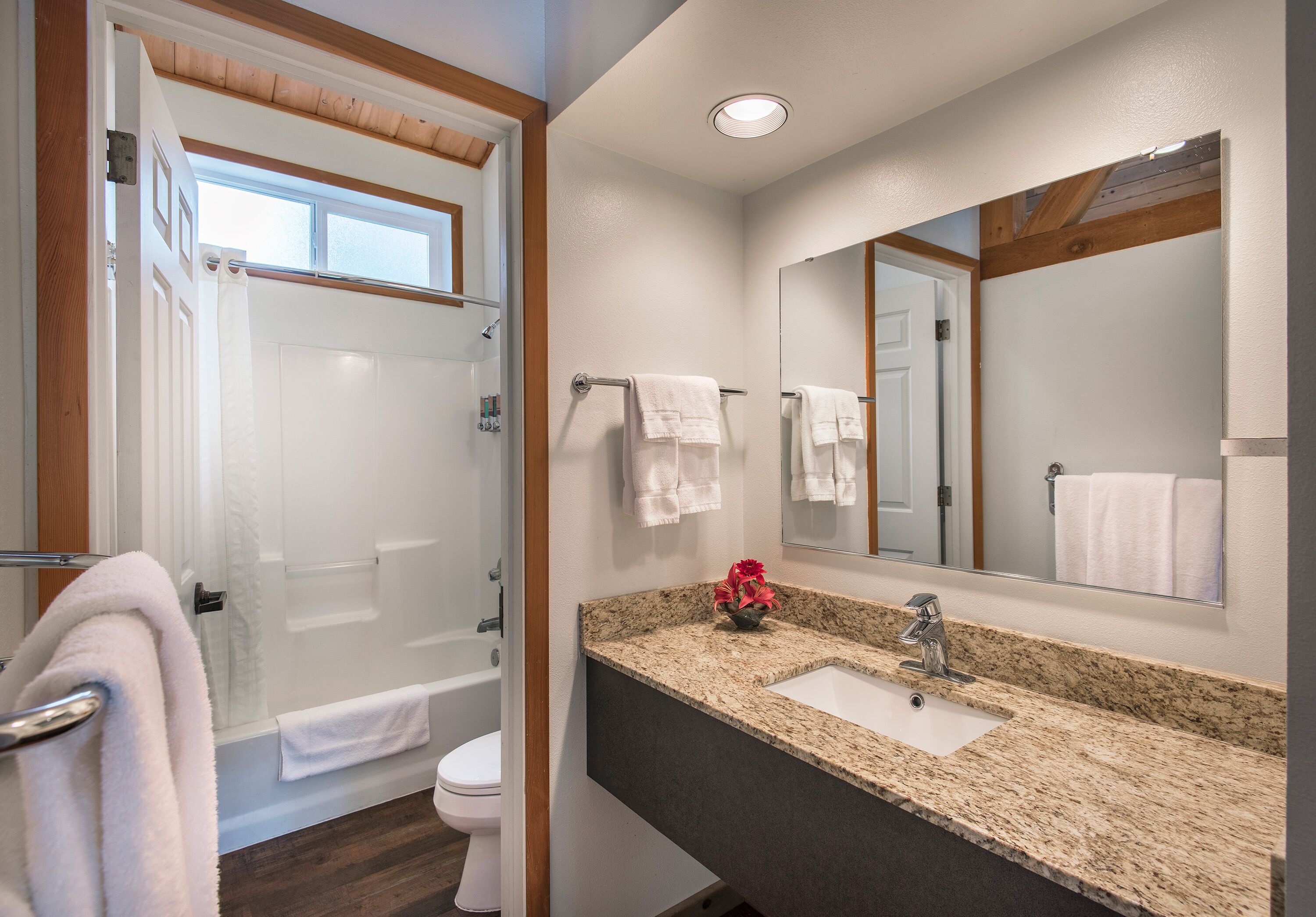 A bathroom with a shower, toilet, sink, and a large mirror.