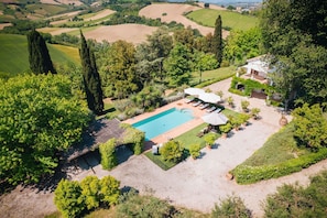A large swimming pool surrounded by a well-maintained garden, with a house in the background.