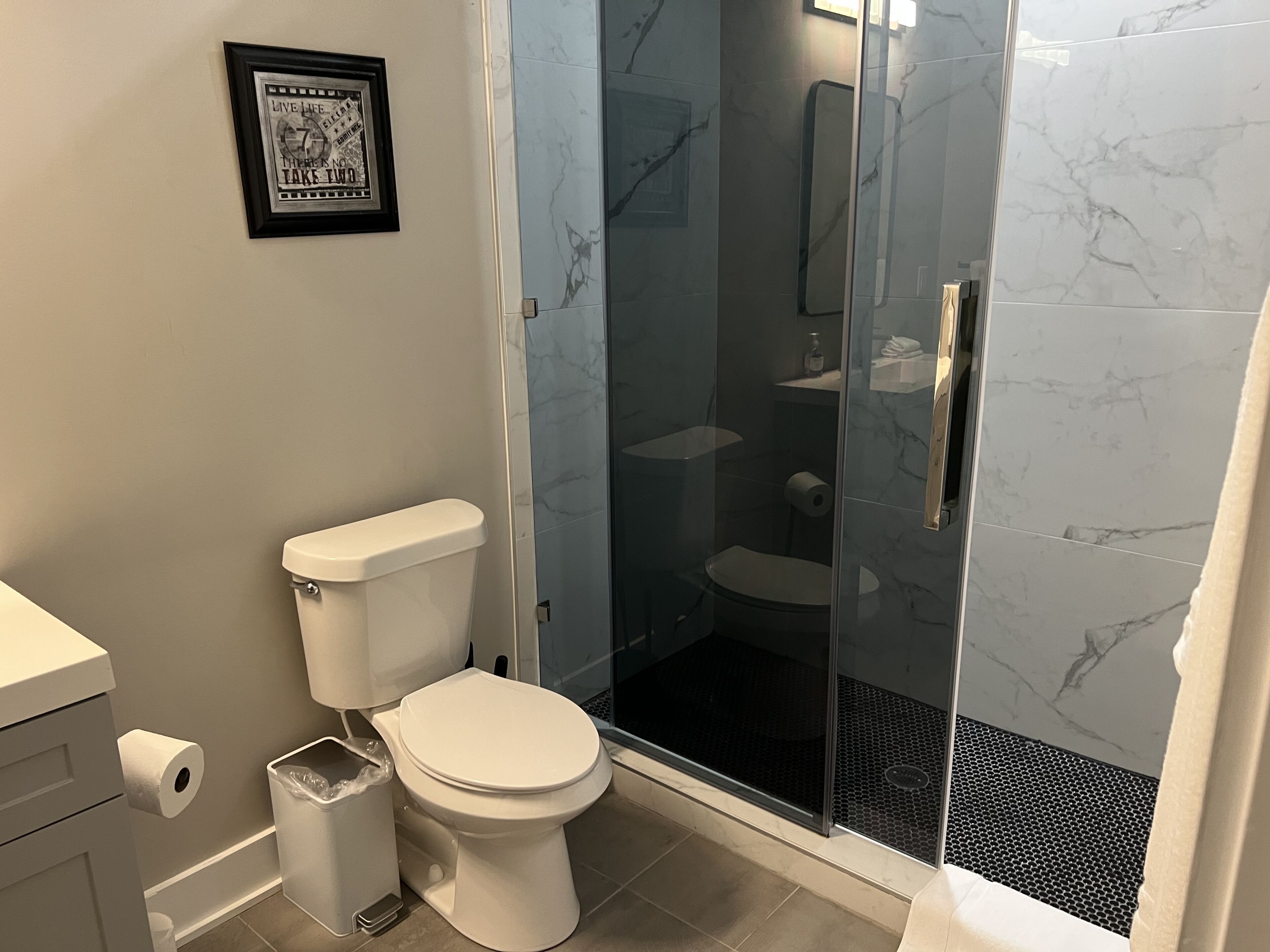 A bathroom with a toilet, a trash can, and a shower enclosure.