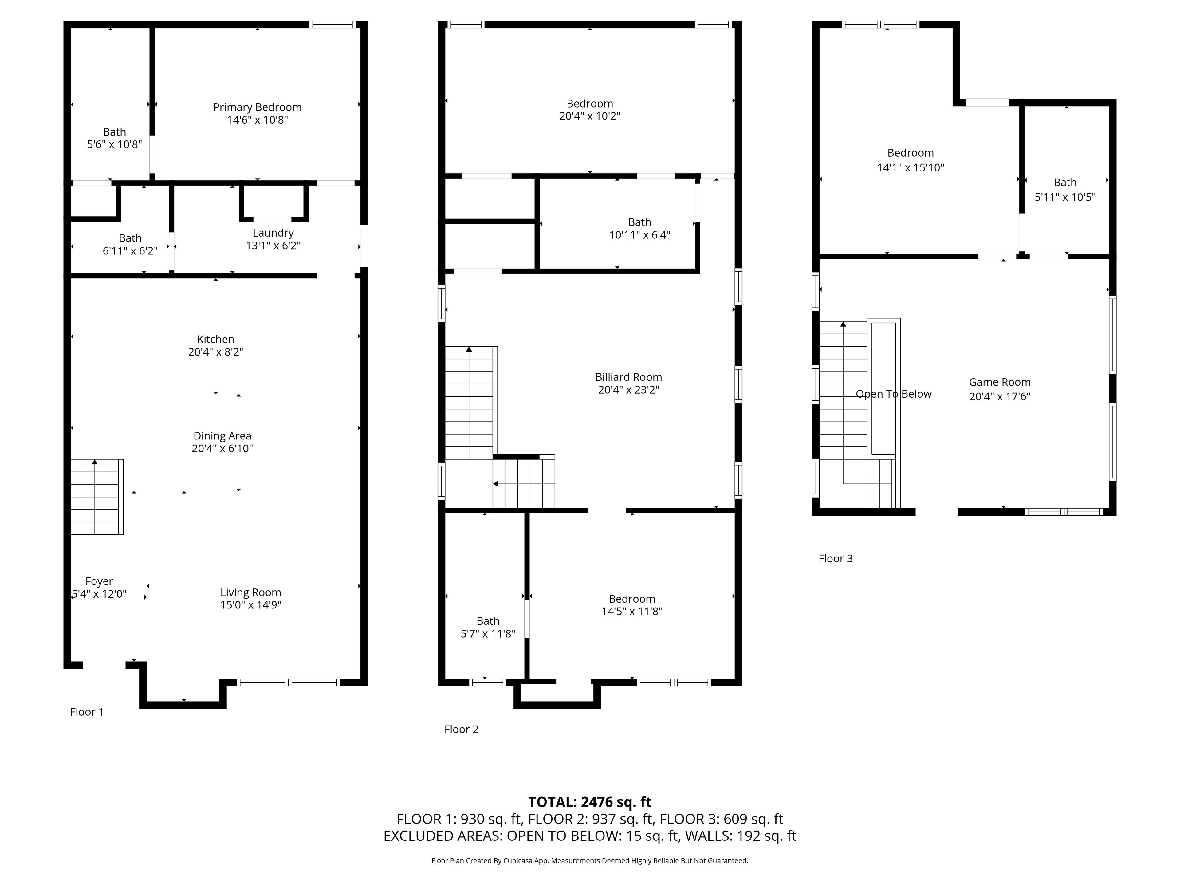 Grundriss eines dreigeschossigen Gebäudes mit einer Gesamtfläche von 2476 Quadratfuß. Es beinhaltet ein Hauptschlafzimmer, zwei Badezimmer, eine Küche, einen Essbereich, eine Diele, ein Wohnzimmer und einen Spielraum.