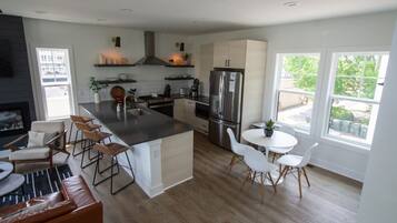 Fridge, coffee/tea maker, cookware/dishes/utensils