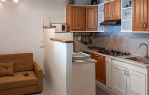 Compact kitchen with microwave and modern sink, adjacent to a cozy living area with a sofa.