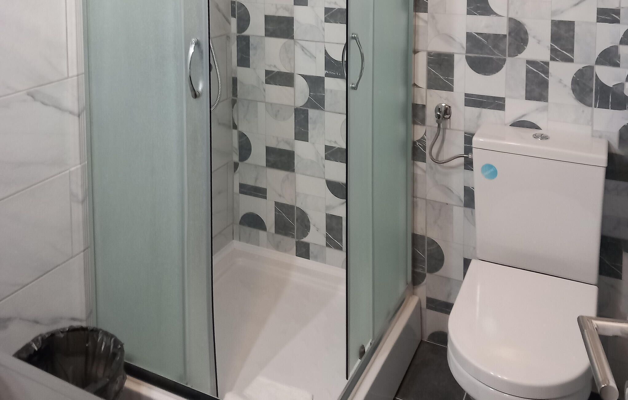 A bathroom with a glass-enclosed shower, a toilet, and a trash bin.