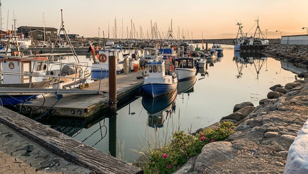A marina with various boats docked, a wooden pier, and a rocky shoreline. - Gorgeous home in Læsø with kitchen (Læsø)