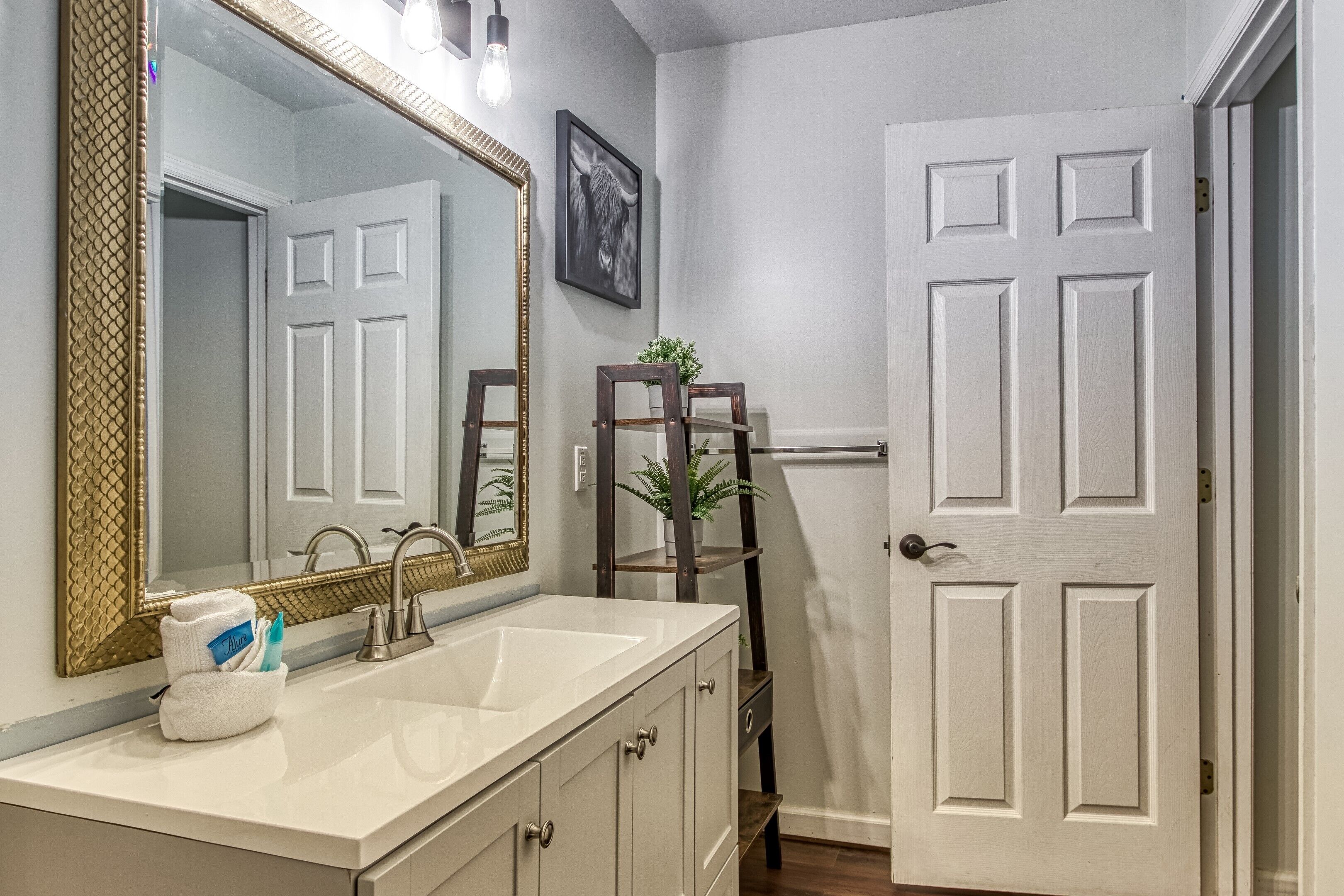 Une salle de bain avec un meuble-lavabo blanc, un grand miroir, un porte-serviettes avec des articles de toilette, et une porte à côté de laquelle se trouve une petite plante.