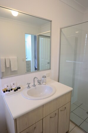 Suihku, ilmaiset hygieniatuotteet, hiustenkuivaaja, pyyhkeet